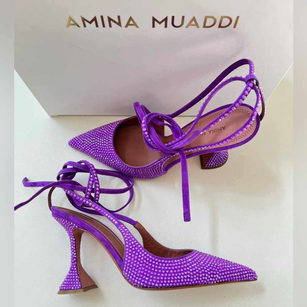Amina Muaddi Karma Embellished Suede Crystal Embellished Lace Up Pumps Violet